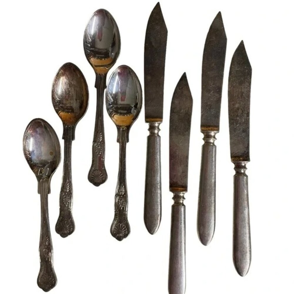 Vtg A1 SHEFFIELD ENGLAND spoons ROCKFORD TRIPLE knives SET of 4 silver plated